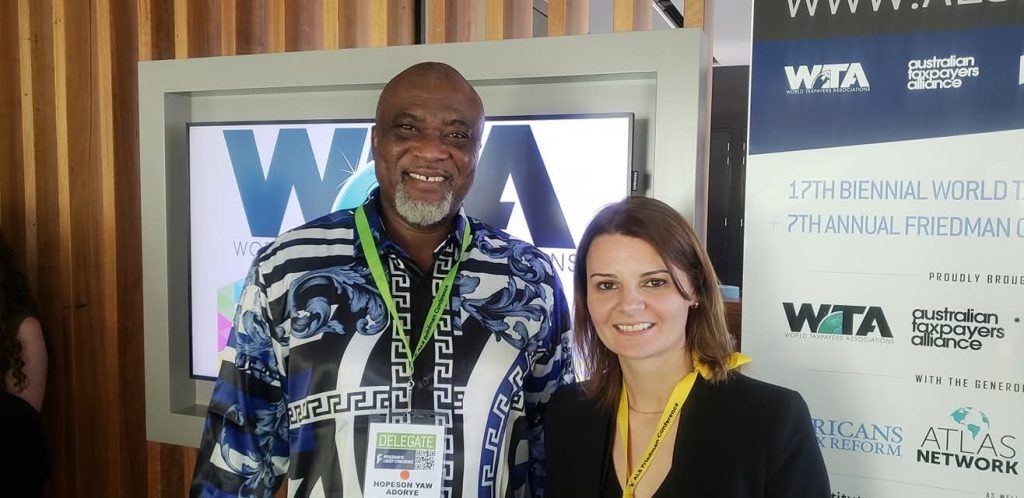 Wta Sydney 2019 Booth With a conference colleague at the World Taxpayers Associations event in Sydney, 2019.